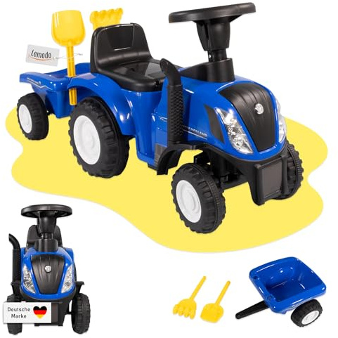 Lemodo Rutschauto ab 1 Jahr, New Holland Kindertraktor mit Anhänger | Rutschfahrzeug 12–36 Monate, 25 kg belastbar, Licht & Sound, Hupe, Schaufel & Rechen, Überschlagschutz, drinnen & draußen