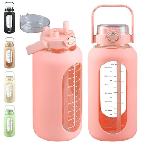 SIEROZUR 74oz Glass Straw Bottle with Time Marker, 2.2L Large Gallon Motivational Water Bottle with Handle and Silicone Sleeve