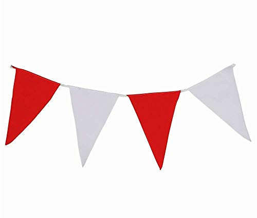 Deitert Wimpelkette 10 Meter rot-weiß aus Stoff Wind- und Wetterfest an Nylonseil, 4 Wimpel pro Meter, 100% Fahnenpolyester, Schützenfest, Girlande aus Fahnenpolyester mit Nylonseil – Party Deko