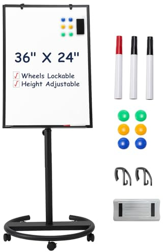 TSJ OFFICE Mobile Whiteboard Standing - 36 X 24 Inches Magnetic Rolling White Board, Height Adjustable Dry Erase Board on Wheels with Flip Chart Hooks, Black