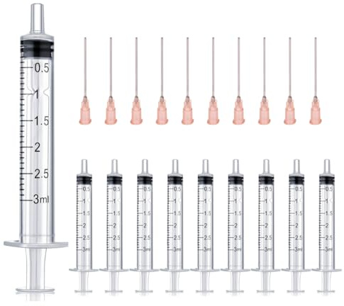 Förpackning med 10 st x 3 ml spruta och 10 x kanylspruta set med trubbiga nålar, olika storlekar: 1 ml, 3 ml, 5 ml, 10 ml, 20 ml, 30 ml, 60 ml, för hobby och gör-det-själv, individuellt sterilt