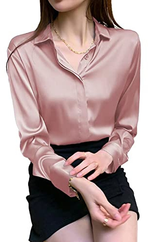 HIYIRUI Blusa de satén de Manga Larga para Mujer, Camisa de Seda Satinada para Trabajo, Oficina, Camisa Casual, Rosa, S