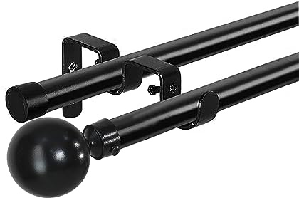 HOMEYA - Barras de Cortina Doble 160-310 cm, Barra de Cortina Extensible 16-19mm, con Terminales Forma Redonda con Soportes, Barra de Cortina de Metal Decorativa Ajustable para Sala de Estar/Negro