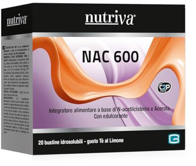 NUTRIVA NAC 600, Integratore Alimentare per Raffreddore, Muco, Naso Chiuso, con N-acetilcisteina, Acerola, Vitamina C, Antiossidante e Fluidificante, 20 Bustine, Gusto The al Limone