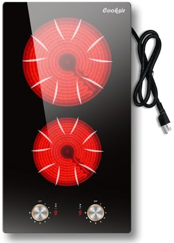 Cooksir 2 Burner Electric Cooktop, 12 Inch Electric Stove Top Built-in & Countertop, 110V Two Burner Electrical Cook Top with Knob Control, 9 Power Level, Over Heat Protection, 2000W, 110V Plug in