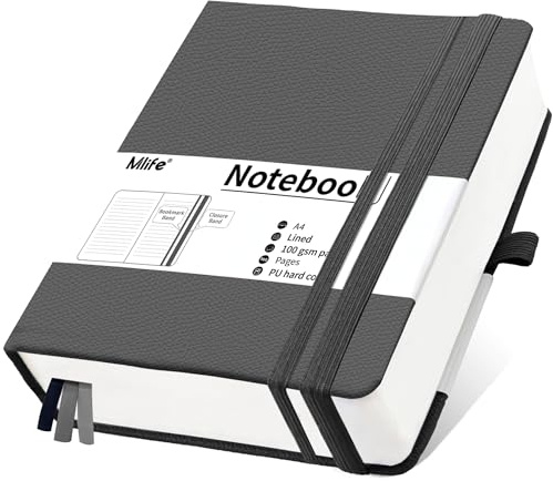 Mlife Notizbuch A4 Liniert,Dickes Notizbücher mit 360 Seiten und 100g/M² Tintenfestes Papier,Hardcover Collegeblock, Tagebuch mit 2 Rücktasche für im Büro oder in der Schule(Grey)