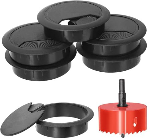 Swpeet Lot de 6 œillets noirs pour câbles de bureau avec scie cloche, organiseurs de passe-câbles bien rangés, œillets de câble de bureau, 1 scie cloche de 60 mm avec arbre pour bureau