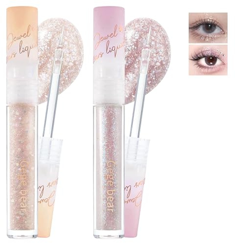 2Pcs Flüssiges Glitzer Lidschatten, Diamond Lidschatten & Glitter Flüssig Eyeliner Set zum Aufhellen der Augen, Schimmer Highlight Liquid Eyeshadow, Glitzer Augen-Make-up für Weihnachten-05+06