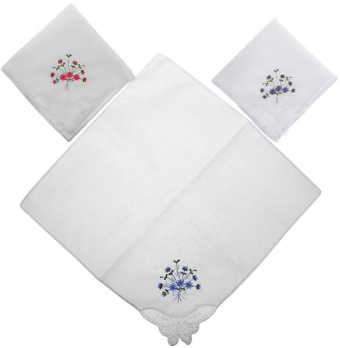 HOLIDYOYO Damen-Taschentücher Mit Stickerei Und Blumenmuster – 3 Stück Bestickte Blumentaschentücher Mit Spitzen-Baumwolltaschentüchern Für Hochzeiten Partys Zum Valentinstag