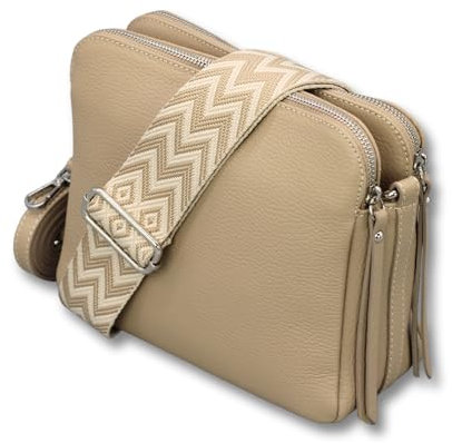 ADEL Umhängetasche Damen Echtes Leder MARA Handgemachte Crossbody Bag 5 Fächer Schultertasche mit Ledergurt + Breitem Gemustertem Riemen Verstellbarer Gurt Made in Italy (Taupe)