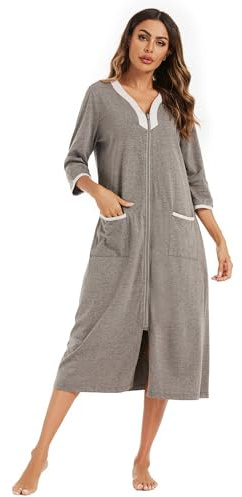 Verve Jelly Women Zipper Robe 3/4 Sleeve Nightgown Full Length Nightshirt Solid Color Sleepshirt Women House Coat Dark Grey XXL