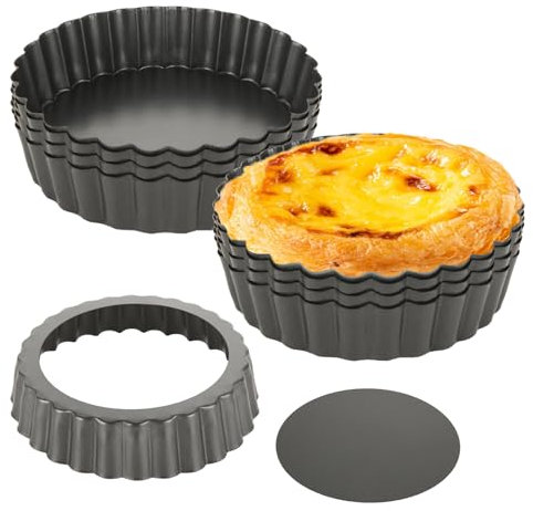 MUXHEL 12PCS Mini Tart Tins 12cm Quiche Tins with Loose Base Non-Stick Carbon Steel Fluted Round Pie Dish Pie Tin for Baking Quiches Flans Cooking
