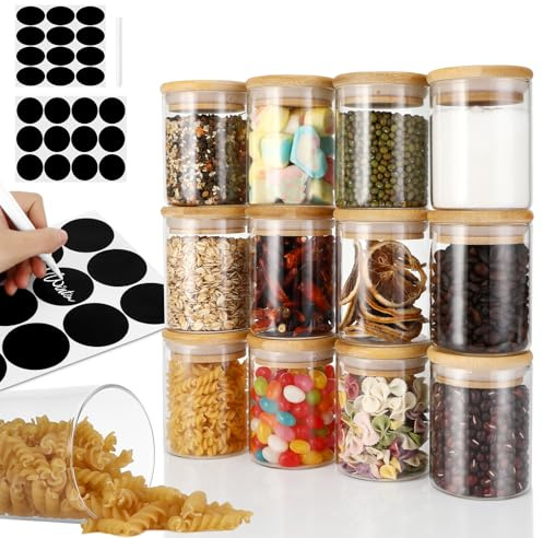 Auauraintt Gewürzgläser,12 x 210 ml Set - Küche Glas-Gewürzdosen mit Hochwertigem Holzdeckel and Etiketten,Stapelbare Gewürzgläser,ideal für Gewürzaufbewahrung (Runde)
