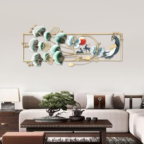 Väggdekoration metall ginkgo blad påfågel 3D-bilder väggskulpturer, metallbilder väggdekoration guld väggmålning metall stor väggdekoration för vardagsrum, sovrum, matsal, hem, kontor (110 x 52 cm)