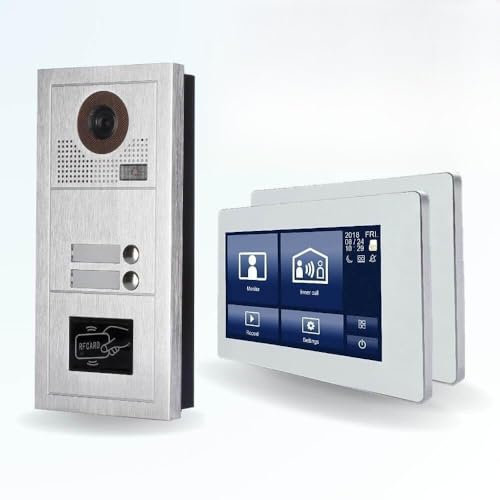 BT Security Portier interphone vidéo Modern 2 Fils - 2 Appartements - 2 écrans tactiles connectés 7 Blanc - avec Lecteur de Badge