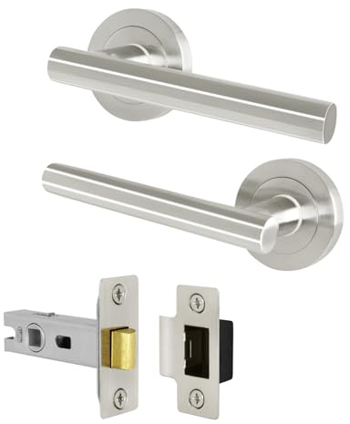 EAI Satin Nickel Door Handles with Latch, 1 Pack - Oliena | Complete Latch Kit with 1 Pair of T-Bar Door Handles, 64mm Latch, Fixings Included