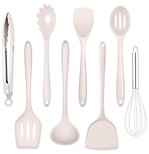Homikit Silikon Küchenhelfer Set, 8-Teiliges Kochutensilien Kochbesteck Set, Hitzebeständiger Antihaft Küchenutensilien Kochset mit Pfannenwender zum Kochen Backen, Gesund & Spülmaschinenfest, Khaki