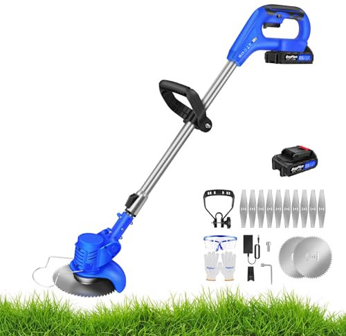 Strimmer Cordless, Electric Grass Trimmer with 10 x Metal Blades and 1 x Circular Saw Blades, Garden Strimmer with 2 x 1500mAh Battery, Grass Trimmer Grass Cutter for Lawn Edger Pruning Weed