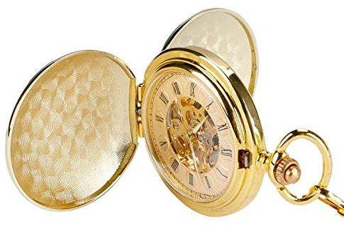 CAFIEDR Taschenuhr, modisches goldenes glattes Gehäuse, römische Zahlen, Handaufzug, mechanische Taschenuhr für Männer und Frauen
