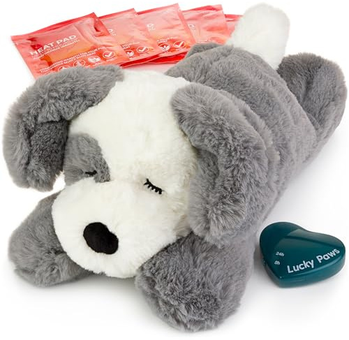 Lucky Paws® UK heartbeat toy for puppy - puppy heartbeat comforter for separation anxiety - calming dog toys - heart beat teddy for dogs - dog anxiety toy (Pebbles, Grey/White)