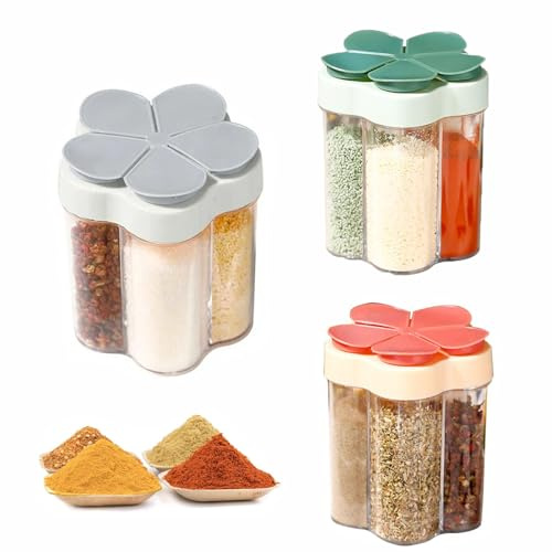 LSRVNM 3 Stück 5 in 1 Gewürzgläser Kunststoff, Klar Gewürz Boxen mit Flip Top Cap, Gewürzgläser-Set für Küche, Camping, BBQ, Picknick, Reisen (Grau+Rosa+Grün)