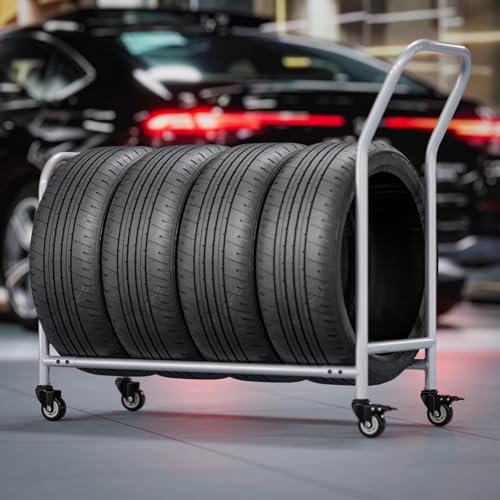 Däckställ Förvaringshyllor för Garagedäck På Hjul, Mobilt Däckställ för Verkstäder/Verkstad/Fabriker, Metall Däck Transport Släpvagnshållare för 4 Däck(Grey)