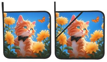 Quadratische isolierte Topflappen mit süßer orangefarbener Katze, hitzebeständige Ofenhandschuhe, rutschfest, leicht zu reinigen, Mikrowellenhandschuhe zum Backen und Grillen