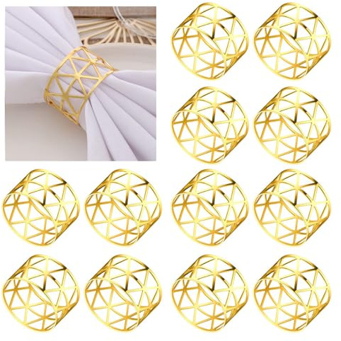 Elvielsl Napkin Ring Set, 6/12 Pcs Metal Napkin Buckle Holder Gold Silver Hollow Triangle Napkin Ring Holders for Christmas Wedding Birthday Party Table Decorations (Gold Triangle, 12 Piece)