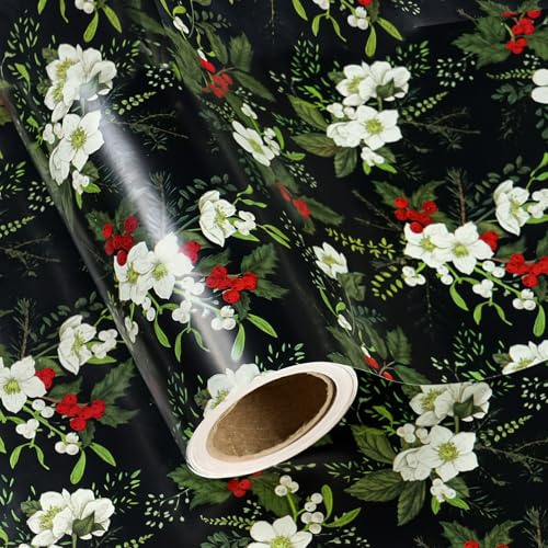 RUSPEPA Papel De Regalo Navideño - Mini Rollo - 43,2 Cm X 10 M - Papel De Regalo Floral Blanco Con Hojas Verdes Y Frutos Rojos Para Y Fiestas