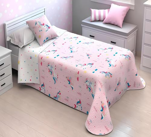 Kimbatex Colcha Bouti Infantil Reversible de Unicornios con Cojín, Microfibra Reversible,para Camas de 90cm y 105cm, Rosa. (Cama 105cm 200x260cm)