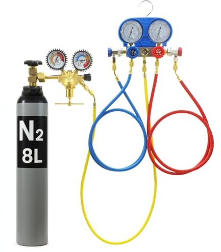 Tester di perdita di pressione per auto, sistema di raffreddamento con manometro, set di aria compressa – bombola di gas di protezione 8 l/10 l azoto per aria condizionata R134A R410A R22 – manometro