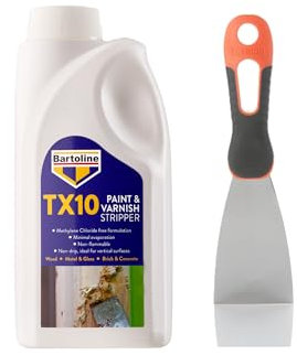 Bundle of Bartoline TX10 Paint and Varnish Stripper 1L – Extra Strong, Non-Caustic Paint Remover for Wood, Metal & More + Tetrion Filler Knife