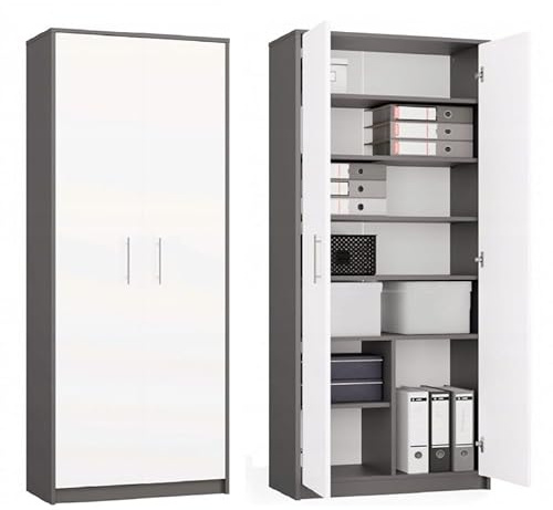 CDF Libreria Moderna da Ufficio e Soggiorno Armadio Multiuso con 2 Ante e 8 Ripiani Interni Scaffale Porta Documenti Salvaspazio per Libri e Cartelle 74x35x180 cm - Antracite/Bianco