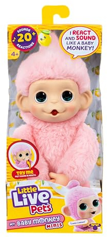 Little Live Pets Baby Monkey Minis – Luna Lemon. Interactive Pet Toy. 20+ Sounds & Reactions. Soft Pink Fur. 7.4 Tall. Feed, Nurture. React. Grippy Hands & Feet. Collect All 3
