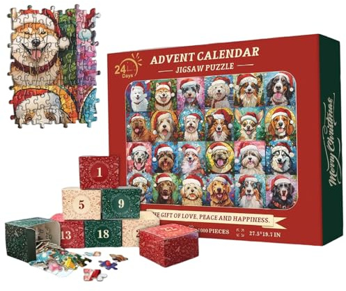 Dog Advent Calendar 2025, 1000Pcs Xmas Dog Jigsaw Advent Calendar 2025, 24 Days Countdown Puzzle for Adults Kids Family Toys Gifts| Calendars