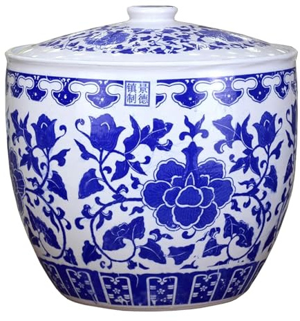 MDLOCJHF Rice Dispenser Blue and White Ceramic Rice Jar with Lid Classic Rice Storage Container Sealed Food Dispensers Storage Jar for Noodles Rice Snacks Pantry(15kg)