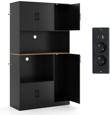 KOMFOTTEU Armario Alto de 180 cm con Estación de Carga, Aparador de Cocina con Puertas y Encimera para Microondas, Mueble de Almacenamiento Buffet para Comedor, Baño (Negro.)