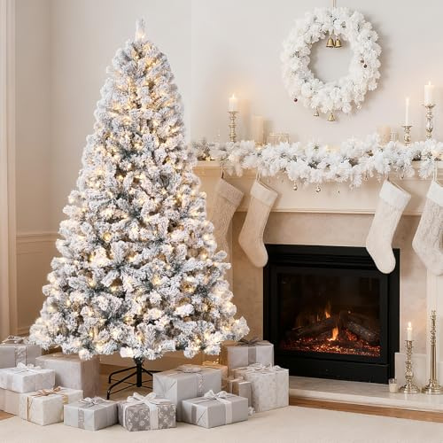 7.5FT PreL Christmas Tree, Snow Flocked Artificial Xmas Tree with 1284 Branch Tips & Foldable Metal Stand, Holiday Party Decorations for Home Office, Easy Assembly