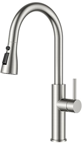 FORIOUS Kitchen Tap, Kitchen Mixer Tap with Pull Out Spray, 2 Spray Modes, 360° Swivel Stainless Steel, Single Handle for Hot and Cold Water, Stainless Steel
