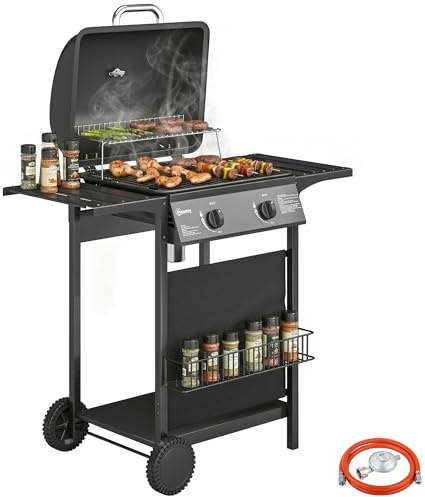 Outsunny Gasgrill 5 KW 2 Brenner Grillwagen inkl Seitentisch Thermometer | BBQ, Edelstahl, Unterkorb, Frontabdeckung, Emaille-Grillrost, Warmhalterost, Fettauffangschale, Rollen, Balkon, Party