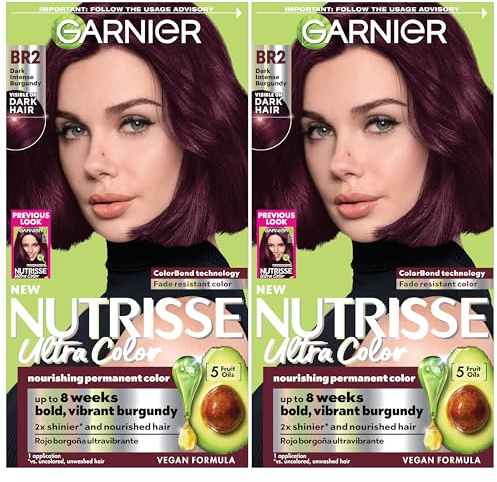 Garnier Nutrisse Ultra Color Hair Color, Permanent Hair Dye for Up to 8 Weeks of Bold, Vibrant, Fade-Resistant Results, Vegan & Cruelty-Free, BR2 Dark Intense Burgundy (Passion Fruit), 2 Count