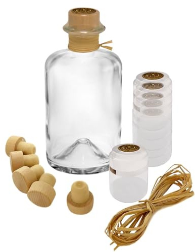 Geniess-Bar! 5x Profi Set Apothekerflasche 700 ml leer Apotheker Glas Flaschen zum selbst befüllen & transparente Schrumpfkapseln mit Siegel gold & Korken & Bast