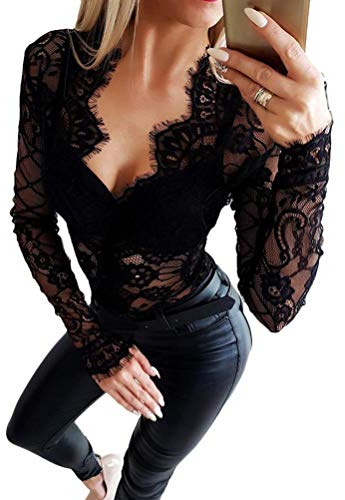 Body Elástico para Mujer Body de Manga Larga Mono Atractivo Escote en V Encaje Transparente Bodycon Jumpsuit Bodysuit Lencería Negro 36