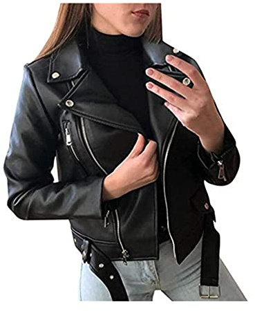 Youning Damen Mantel Schwarz PU Lederjacke Bikerjacke mit Reißverschluss Kurze Jacke mit Reverskragen Trenchcoat Übergangsjacke M