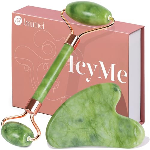 BAIMEI Gua Sha e Rullo di Giada per il Viso,Massaggiatore Lifting Viso e Guasha per il Corpo, Idea Regalo Perfetta,e Rilassa La Pelle,Regali Per Le Donne
