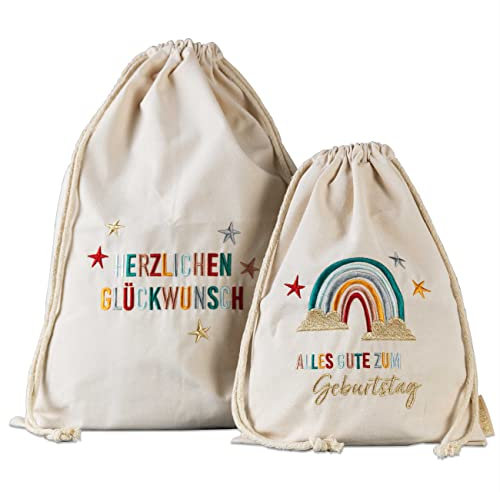 Papierdrachen 2 Geschenksäckchen zum Geburtstag - Regenbogen - aus Baumwolle - wunderschön und hochwertig bestickt - ideal zum Verpacken von Geschenken - Größe 25x35cm und 35x50cm cm mit Zugband