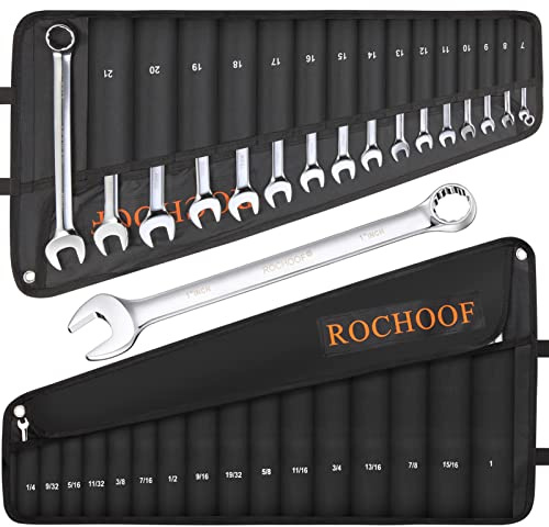 ROCHOOF Combination Wrench Set,32-Piece Chrome Vanadium Steel Wrench Set 12-Point SAE & Metric Wrenches 1/4-1 and 7-22mm with Rolling Pouch