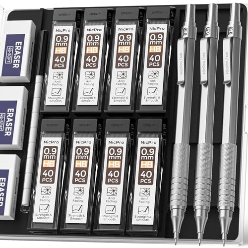 Nicpro Set di matite meccaniche da 0,9 mm, 3 pezzi in metallo automatiche da disegno, matite meccaniche, con 6 tubetti di mine HB e 3 gomme per scrivere bozze, disegnare, schizzi con custodia