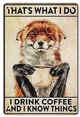 DJNGN Vintage Metall Blechschild Fuchs Liebhaber I Drink Coffee And I Know Things Eisen Malerei Home Küche Garage Man Cave Wanddekoration Plaque Art Poster Lustiges Geschenk