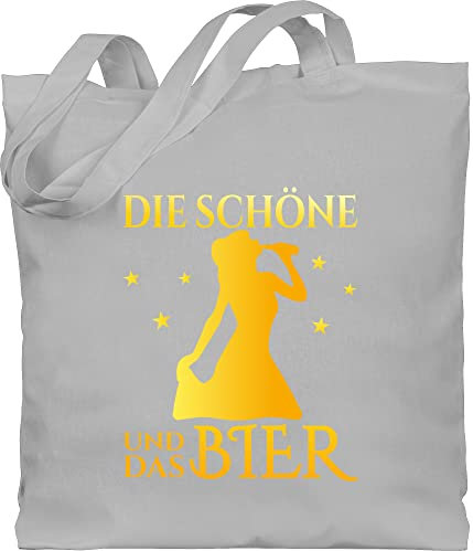 Baumwolltasche - Party & Alkohol Damen - Die schöne und das Bier trinkende Frau Bier gelb - Unisize - Hellgrau - sauf spruch bag alki beutel saufen stoffbeutel trinken jutebeutel trinksprüche